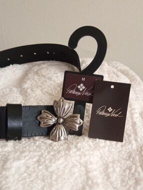 Patricia Nash Black Leather Belt with Silver Floral Concho Buckle